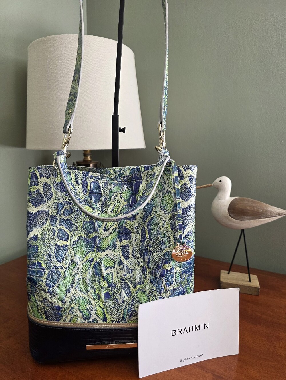 Brahmin Amelia Bucket Bag Green Viper MacKay Leather Purse Snake Embossed
